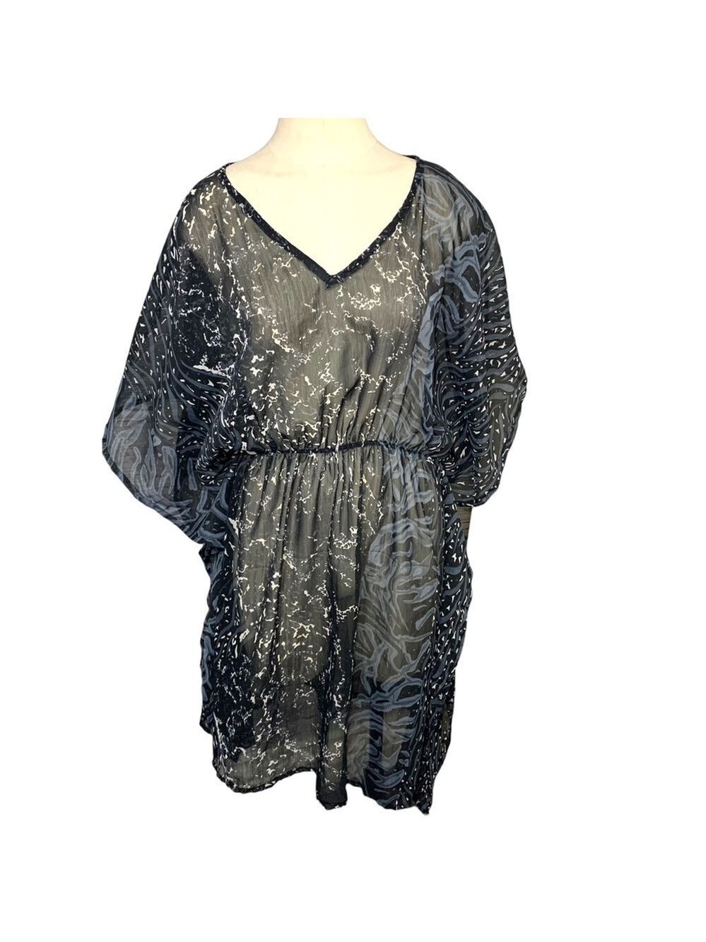 AZURA Black Gray White Sheer Swim Cover Up Shift Dress Novelty Print One Size